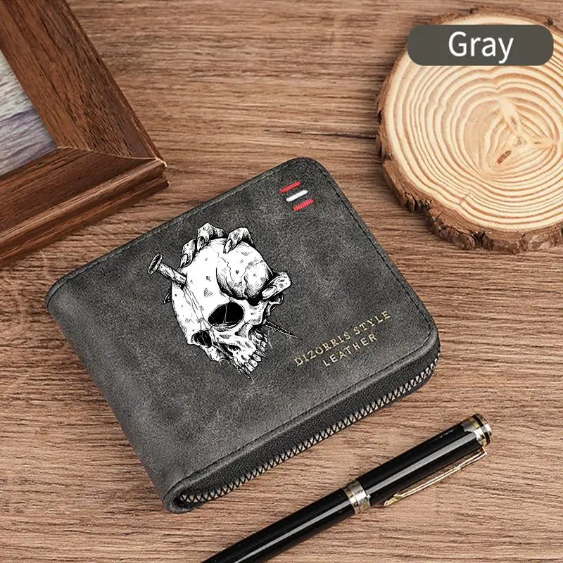 

Dominator Dark Skull Men's Vintage Short Wallet Zipper Coin Purse Casual Buckle Waist Chain Money Bag For Students Gift