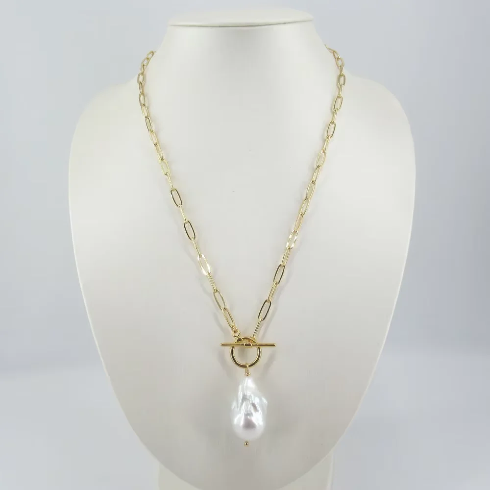 

Natural Cultured White Keshi Baroque Pearl Gold Color Plated Chain Necklace Party Sweater Chain Necklace For Women 52CM