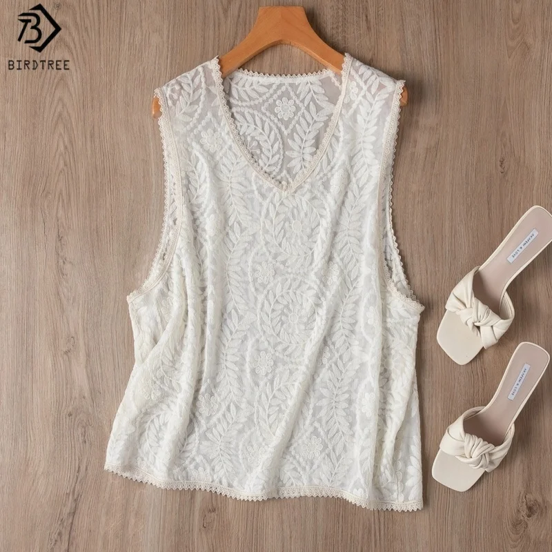 

Женский жилет Birdtree из 100% шелка с вышивкой, летний свободный белый жилет без рукавов с v-образным вырезом, новинка 2025 года T57209JF