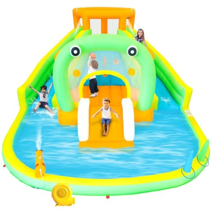 

Надувная водная горка с батутом и воздуходувкой для 4 человек, 165 x 152 x 79 дюймов, с водной пушкой и баскетбольным кольцом