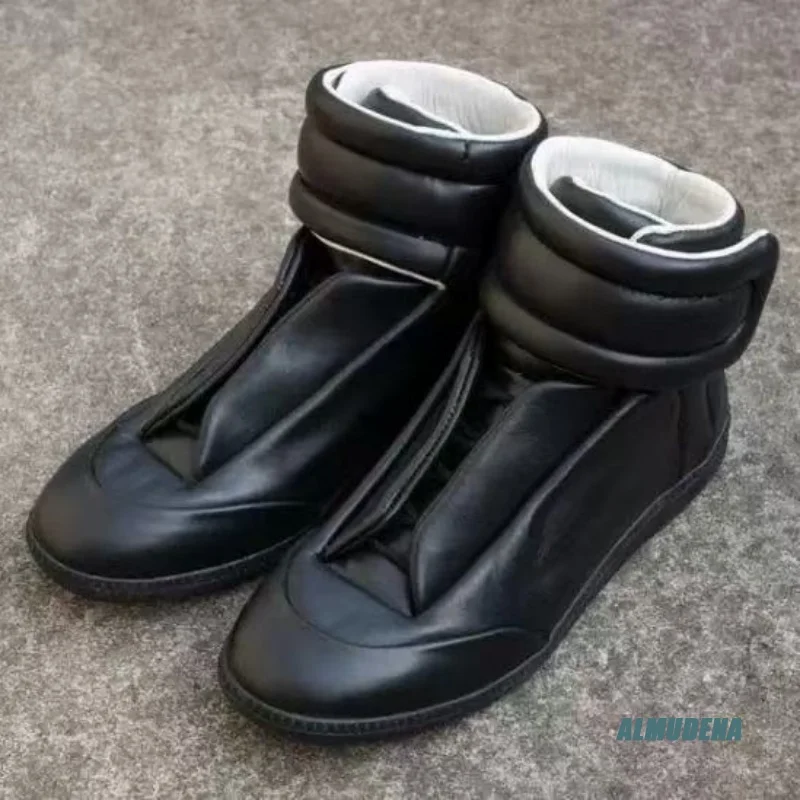 

Black Solid Color Men's Casual High-Top Sneakers Fashion Leather Velcro Ankle Boots Streetwear Comfortable Outdoor Shoes