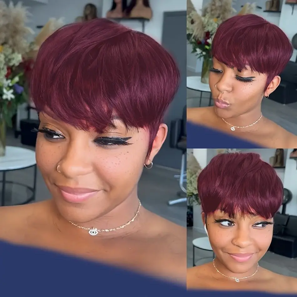 

Короткие прямые парики из натуральных волос, стрижка пикси, бразильский бордовый парик с челкой для женщин, машинное производство, предварительно выщипанные, повседневная одежда