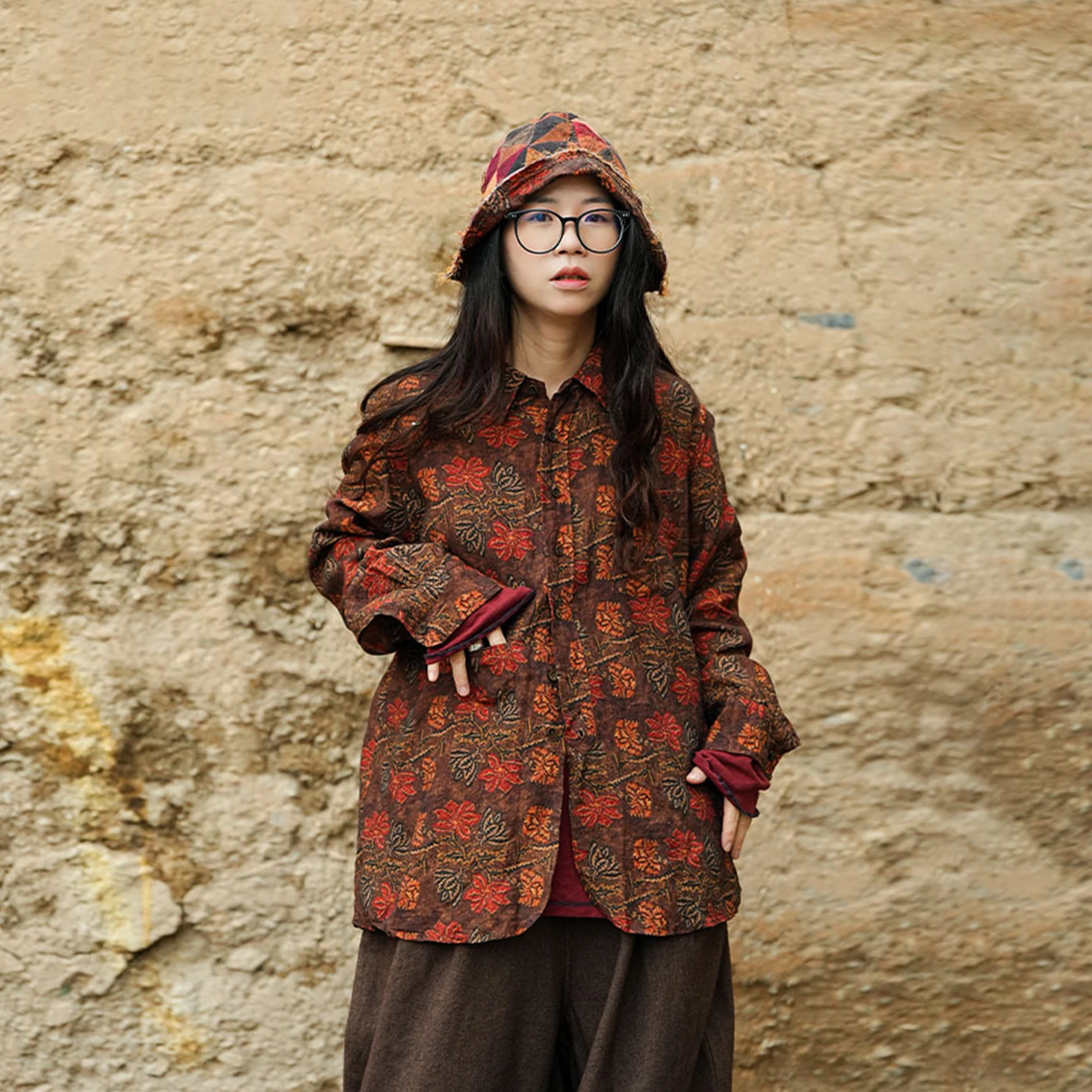 

PengPengHome 6020 Linen Print Retro Loose Casual Button Long Sve irt Cloud Mist in a Casual Sle Women's Faion irt