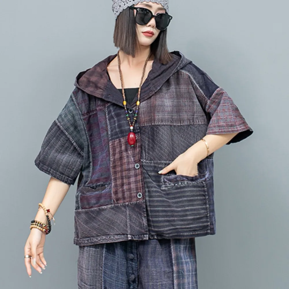 

Old Fabric Patchwork Hooded Short Sleeved Cardigan Jacket Women 2024 Autumn Loose Coat LX1942