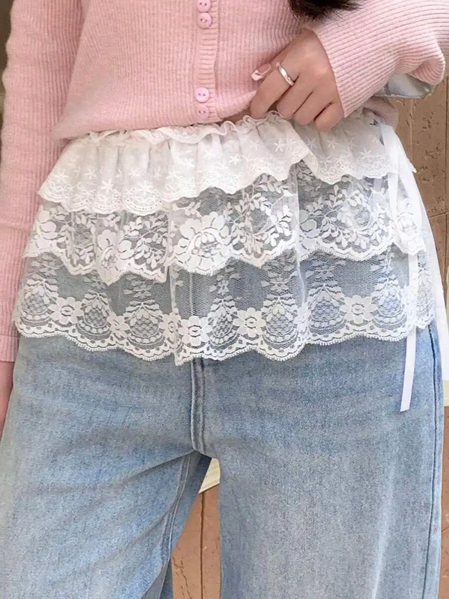 

Womens Sheer Lace Shirt Extender With Ruffle Layering Tie Side Waist Accessory