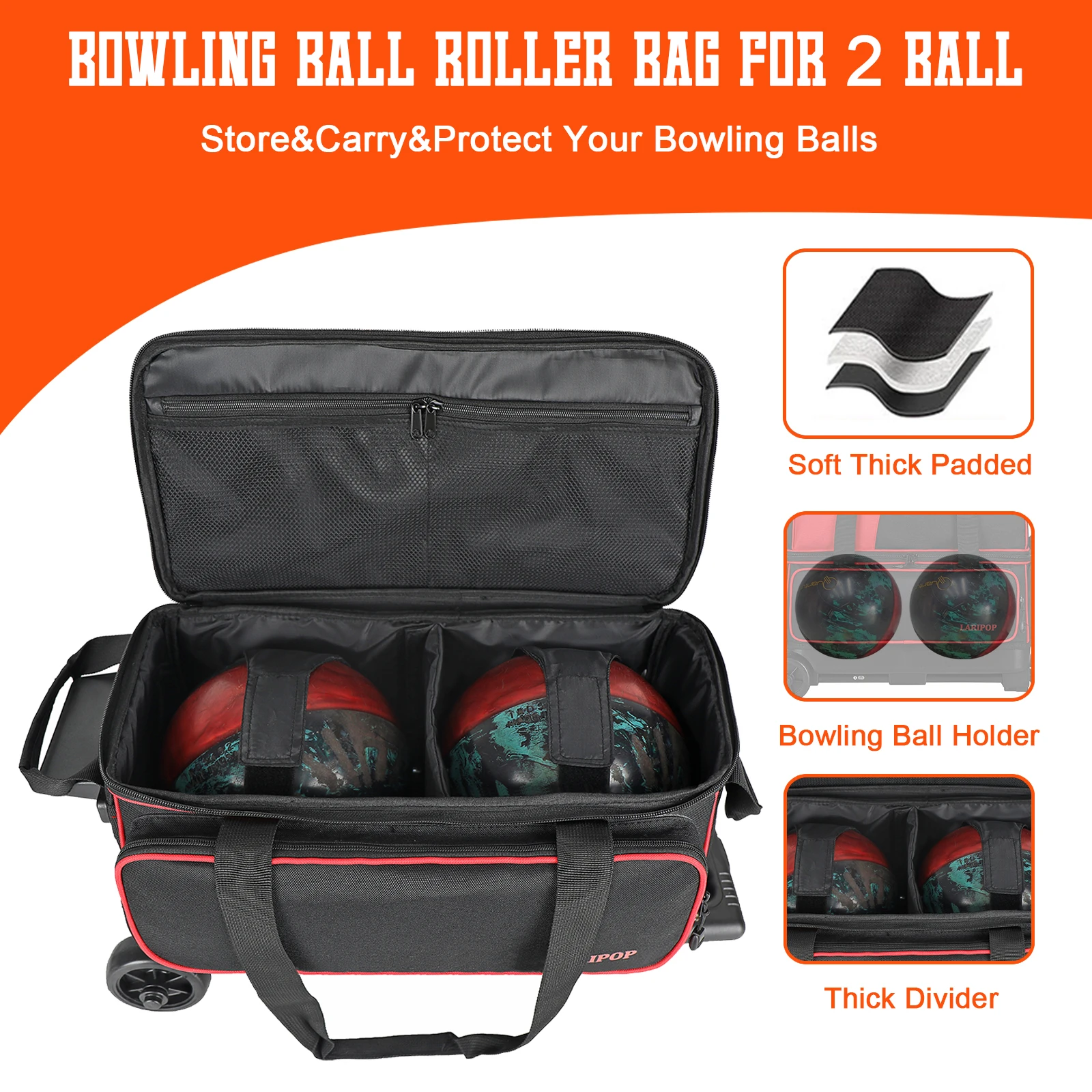 Dual Roller 2-Ball Bowling Bag, Featuring a Separate Large Shoe Compartment Capable, a 3-Section Telescopic Handle that Extends