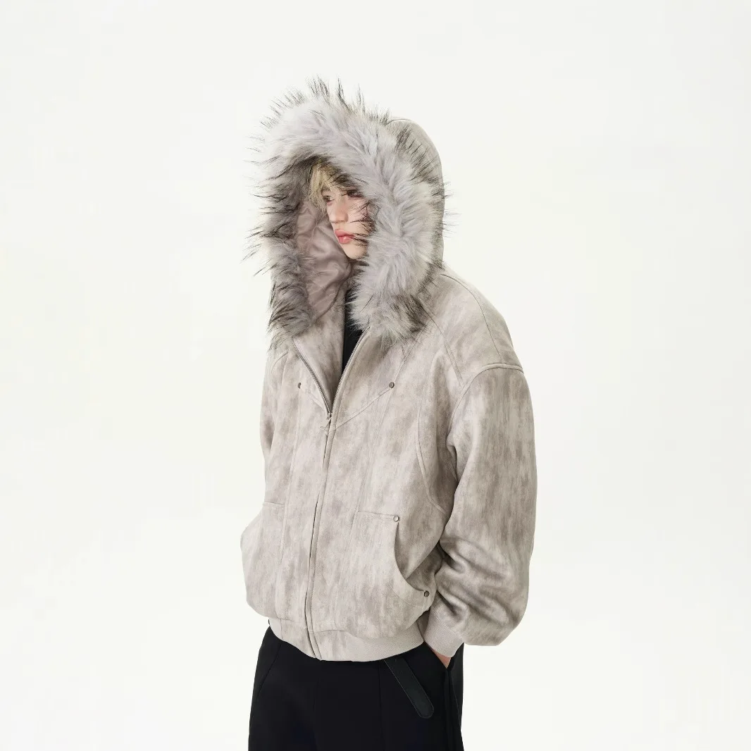 Y2k Condor Style Tie-Dye heren winterjas, luxe vossenbontkraag heren parka's met capuchon, zwaargewicht geïsoleerde warme jas voor heren