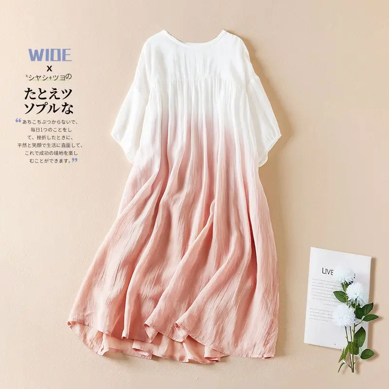 

Double-layer Ramie Gradient Print Loose Light Mid-sleeved Loose Dress