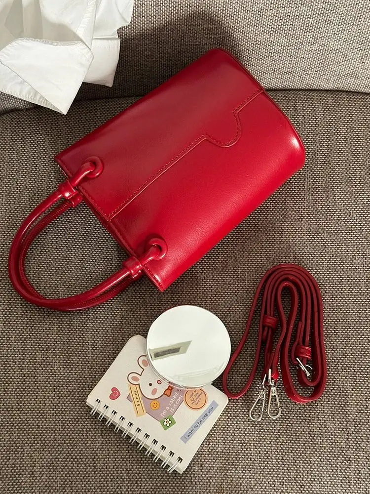 Office Lady PU Elegant Red Shoulder Bags Women Bucket Bag Fashion Commuter Solid Color Tote Bag Classic Bolsos All-match