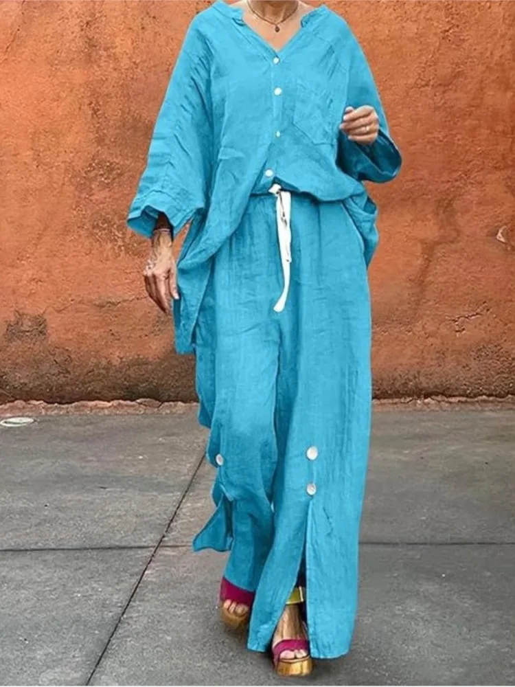 

Fashion Solid Loose 2 Pieces Set For Woman Casual Long Sleeve V Neck Tops+Wide Leg Pants Sets Outfits Lady Holiday Clothes New