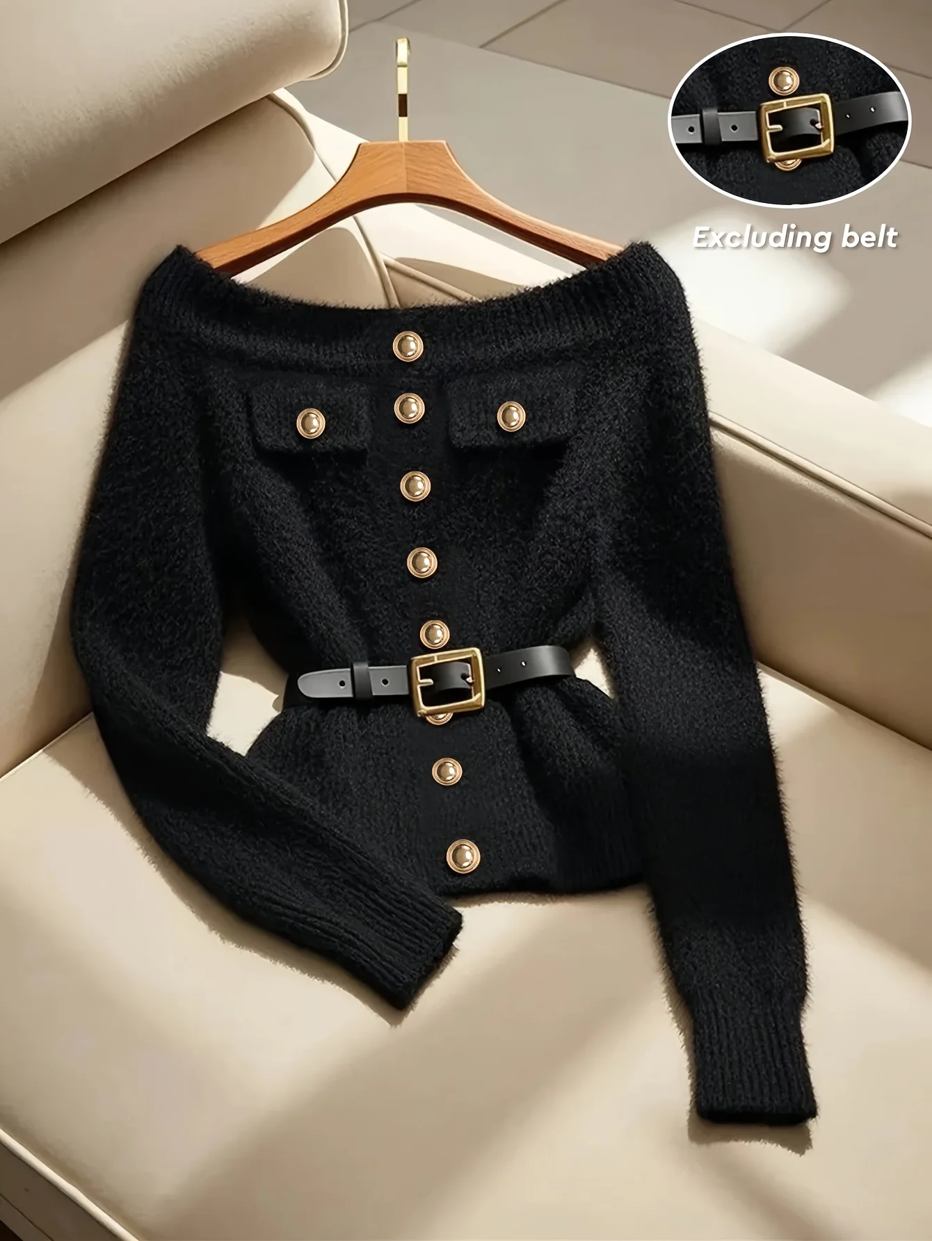 

Женский французский вязаный свитер из искусственного меха норки с открытыми плечами, мягкий, плотный, с золотыми пуговицами, универсальный, для повседневной носки, поездок на работу, отпуска, свиданий