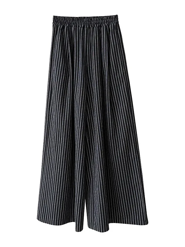 بنطلون واسع فضفاض بخطوط، سروال كاجوال بأسلوب الشارع، خصر طبيعي غير متماثل، طويل، مزيج من القطن والبوليستر والكتان