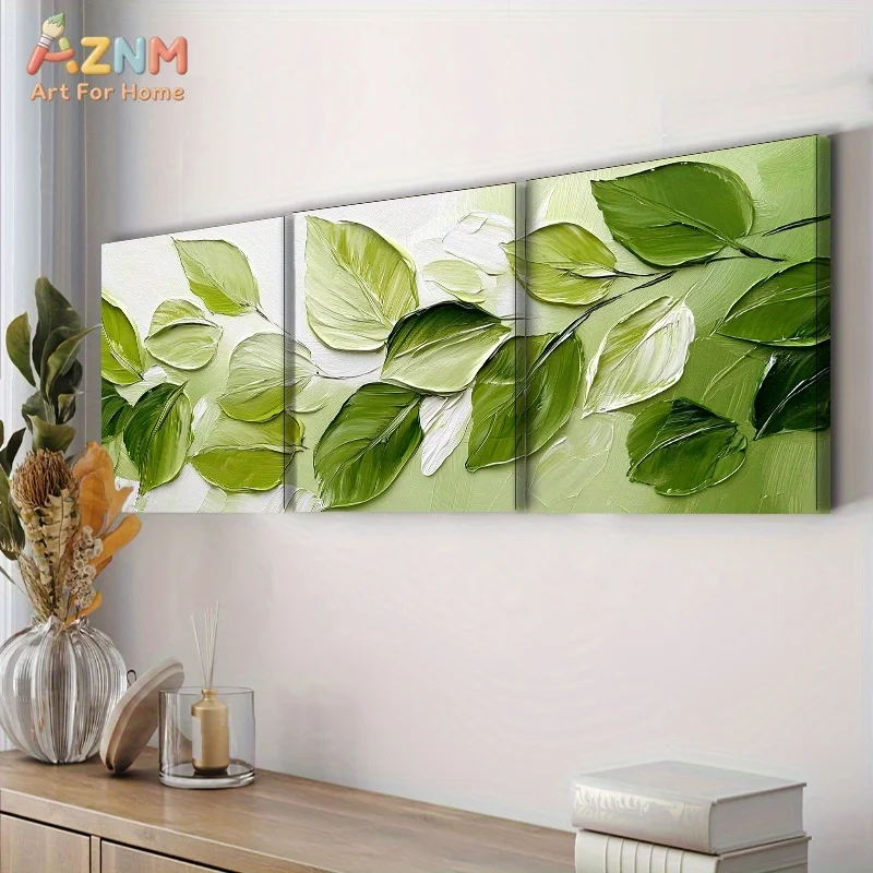 AZNM 3D Textured Green Leaf Impasto Canvas Wall Art, Modern Minimalist Botanical Oil Painting Print Poster, Unframed Single Piec view 2