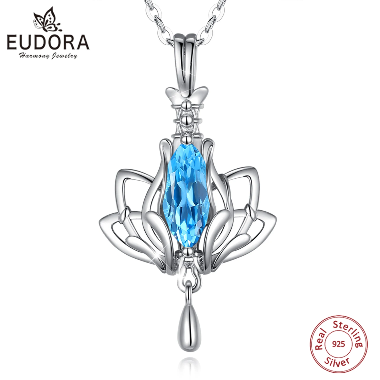 

Eudora 925 Sterling Silver Lotus Flower Pendant Blue Zircon Necklace Luxury Floral Jewelry Spiritual Gift for Women Girl