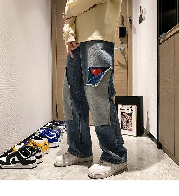 Straight Jeans Men Spring And Summer Trend All Match Pants Loose Fashion Trousers Love Design Wide Leg Couple Pants 2022