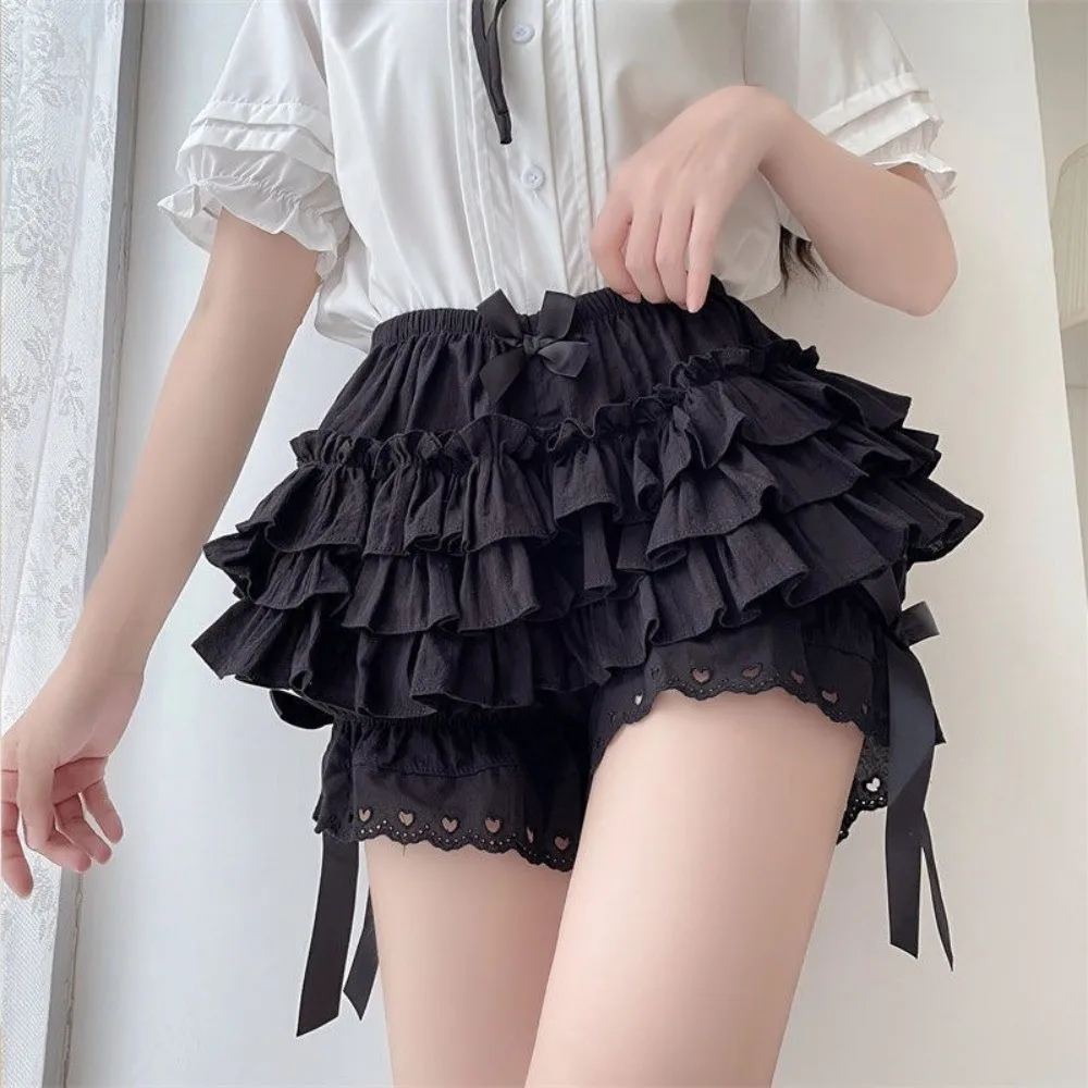 Cute Pleated Lace Bow Safety Pants JK Lolita Ruffle Bloomers Shorts Anti-glare Layered Safety Shorts Summer