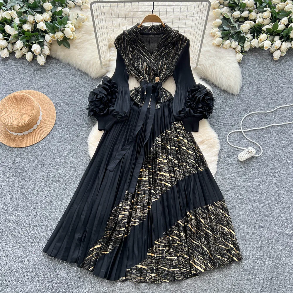 Chique sexy elegante driedimensionale bloemen ruches met lange mouwen A-lijn fee herfst vestidos deel dameskleding