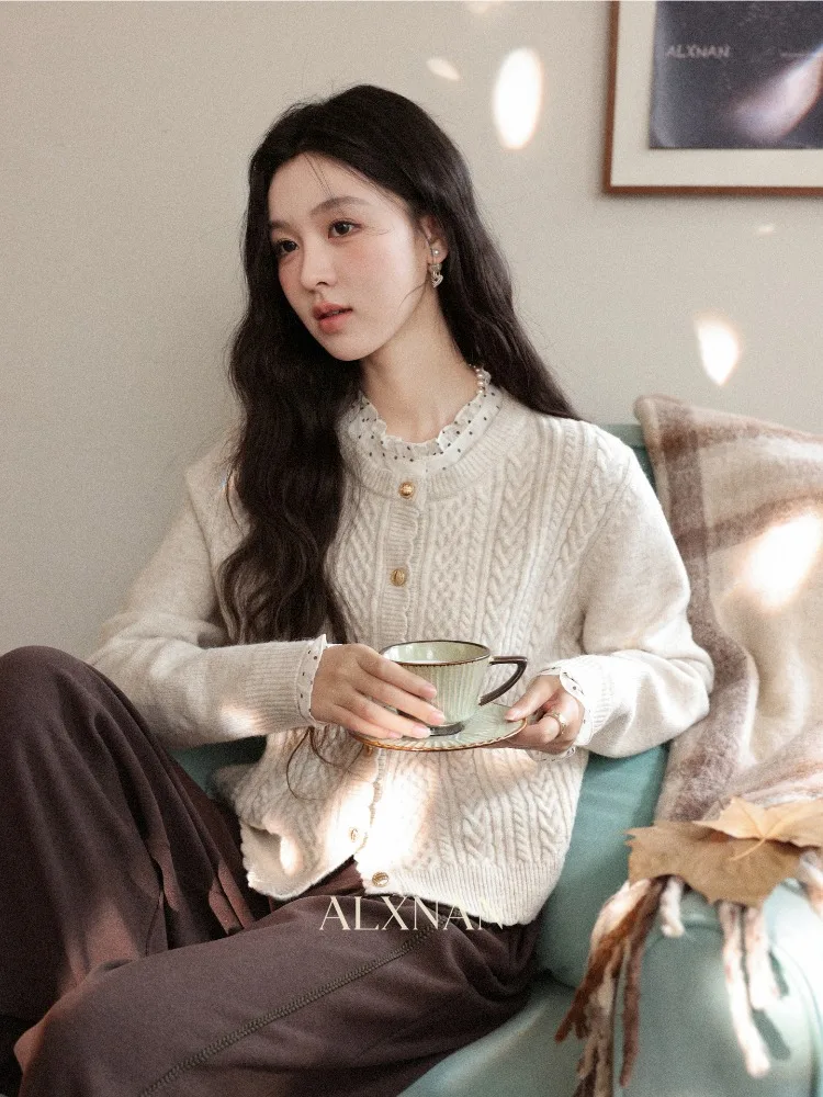 ALXNAN Women's Knit Cardigan Polka Dot Ruffled Collar Faux Two-Piece Cable Sweaters Autumn Slim-Fit Knit Tops Ladies DYL662173