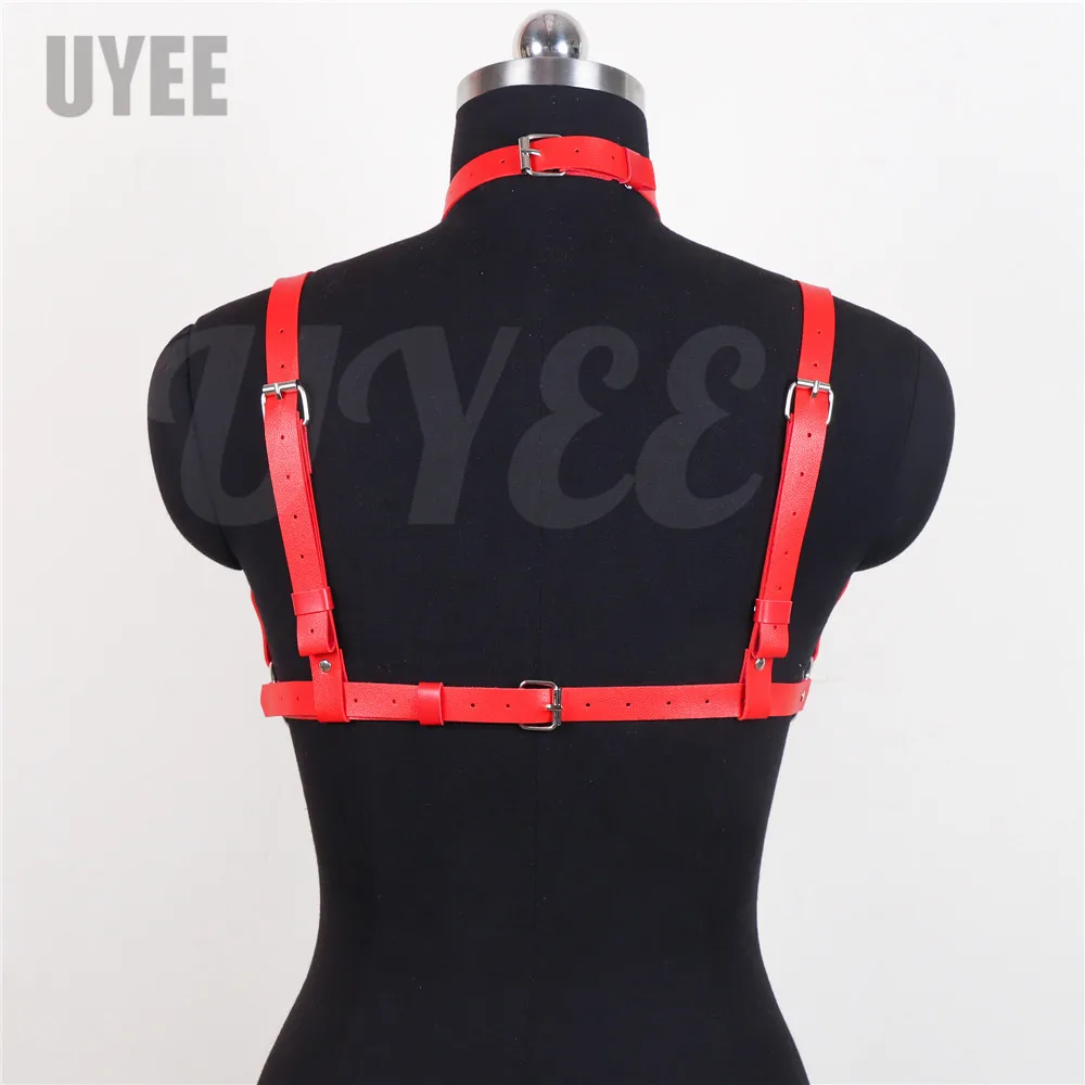 UYEE Sexy Women Harness Bra Red PU Leather Heart Chest Patch Rave Outfit Erotic Chest Bondage Lingerie Gothic Body Cage Bdsm Top