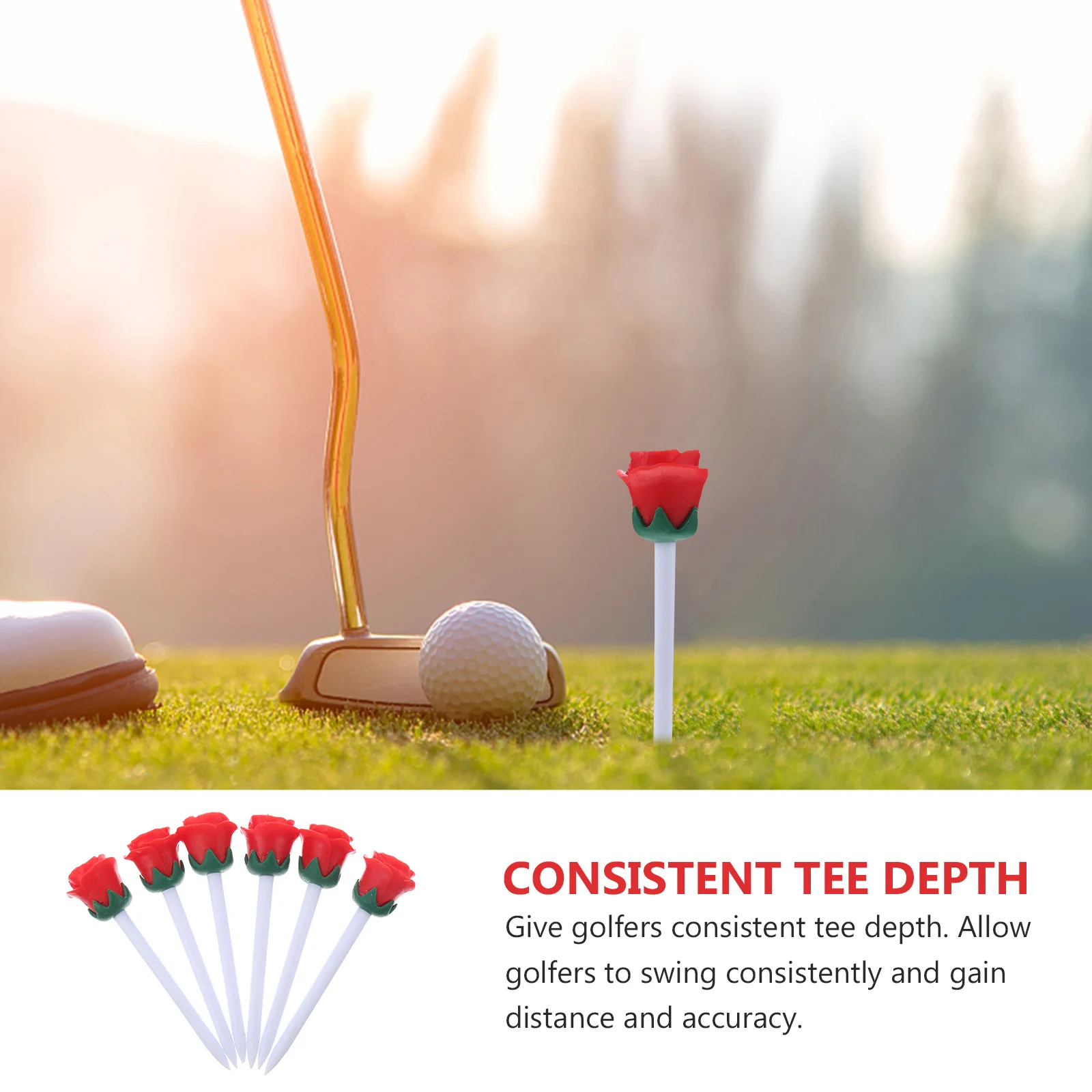 6 قطع من تي شيرتات الجولف على شكل زهرة الورد، كرة ممارسة بلاستيكية حمراء، ملحقات معدات تدريب الجولف، حامل كروي #6