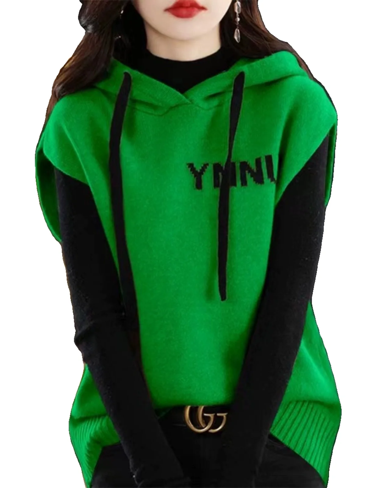 เสื้อกั๊กไหมพรมมีฮู้ดสำหรับผู้หญิงไซส์ใหญ่ ทรงหลวม ใส่แล้วดูผอม แฟชั่นฤดูใบไม้ร่วงและฤดูหนาว เสื้อคลุมไหมพรมสำหรับผู้หญิง