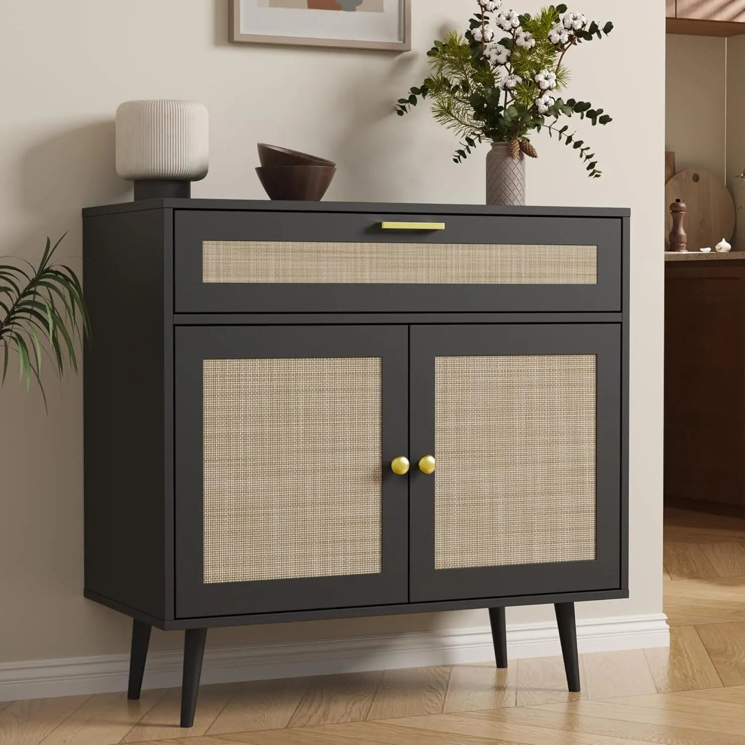 

Black Rattan Sideboard Buffet with Drawer & 2 Doors Adjustable Shelf Coffee Bar for Living Room Entryway Kitchen, Customized