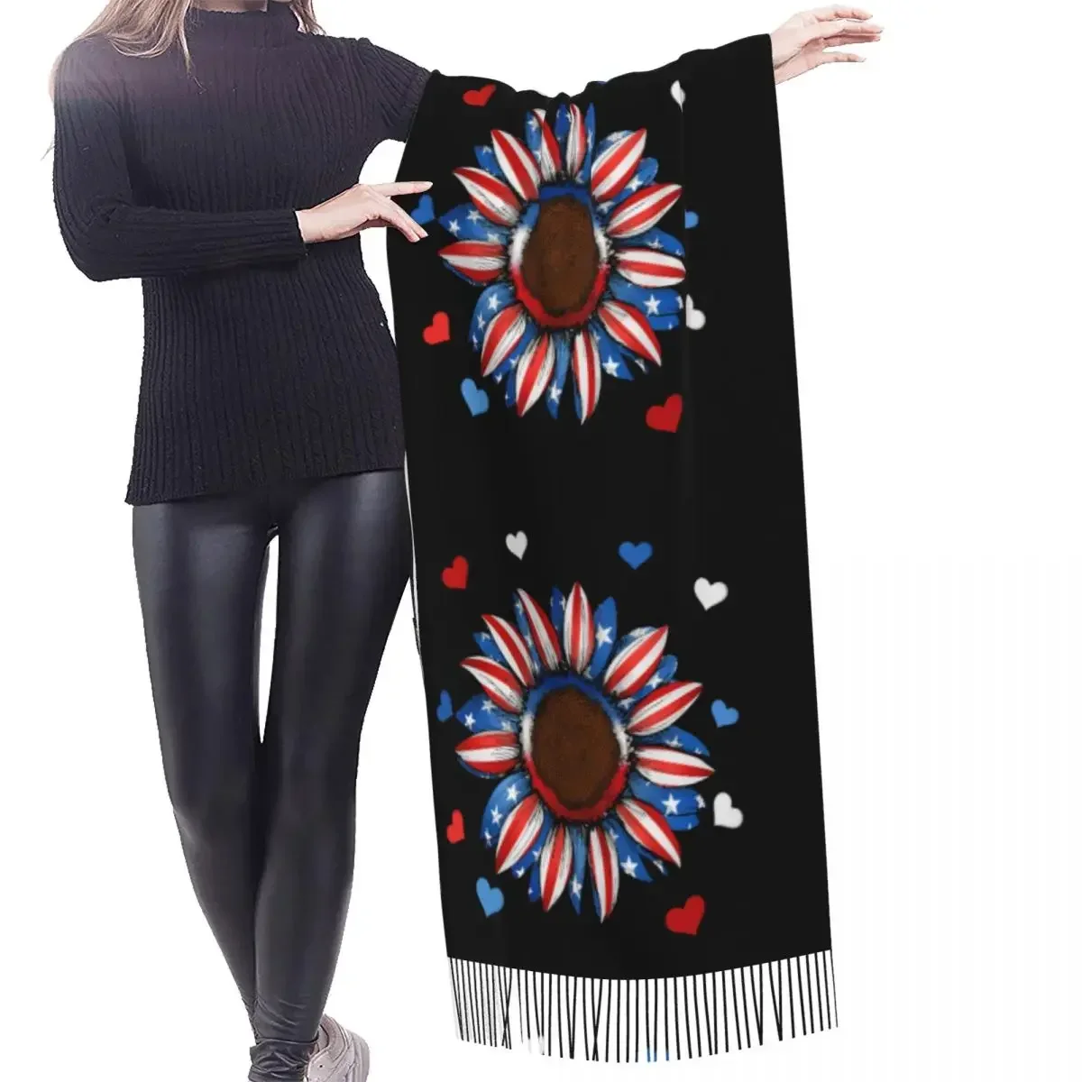 Custom USA Flag Flower Fourth Of July Tassel Scarf Women Soft Shawl Wrap Lady Winter Fall Scarves