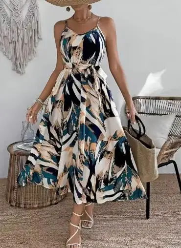 

Women's Spring and Summer Sleeveless V-Tie Abstract Printed Waist Strap Strap Dress