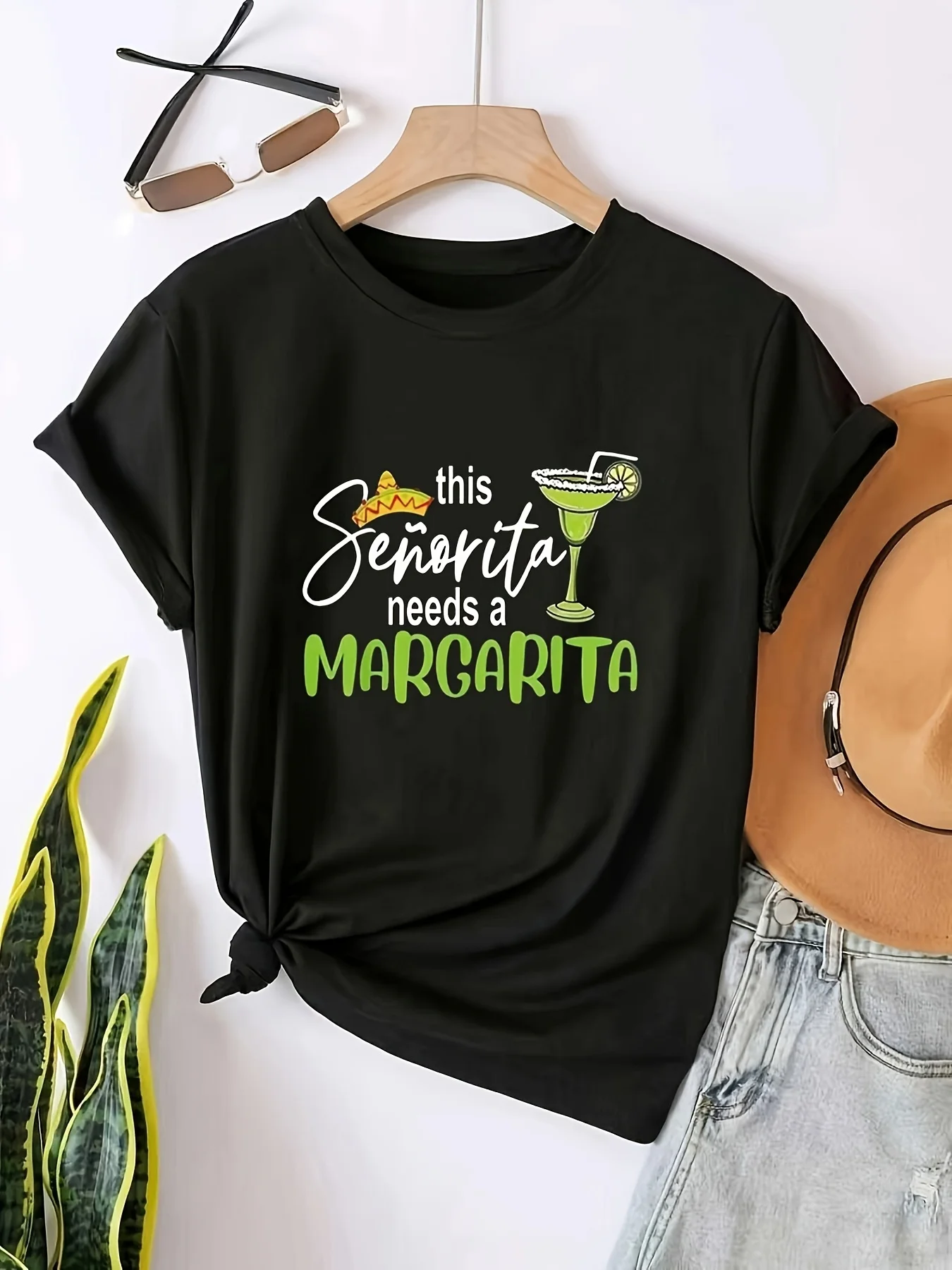 Women Spanish Theme Print T Shirt This Senorita Needs A Margarita Short Sleeve Round Neck Black Tee Summer Party