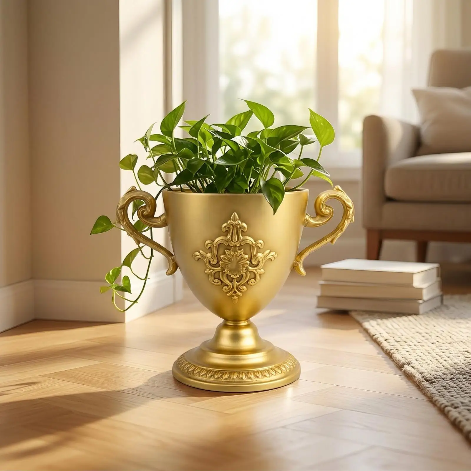 Ornate Iron Urn Stand for Potted Plants Antique Style Vessel with Curled Handles for Fireplace Mantel Entry Table Display