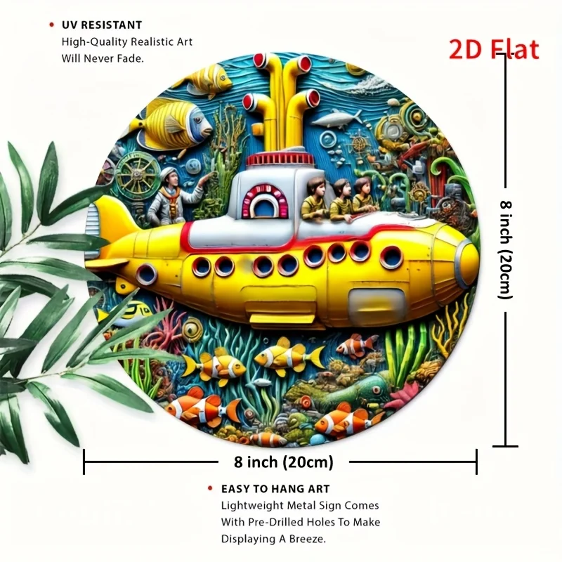 2D Flat Vibrant Yellow Submarine Underwater Adventure Round Metal Tin Sign, Whimsical Tropical Fish Coral Wall Decor, Nautical S