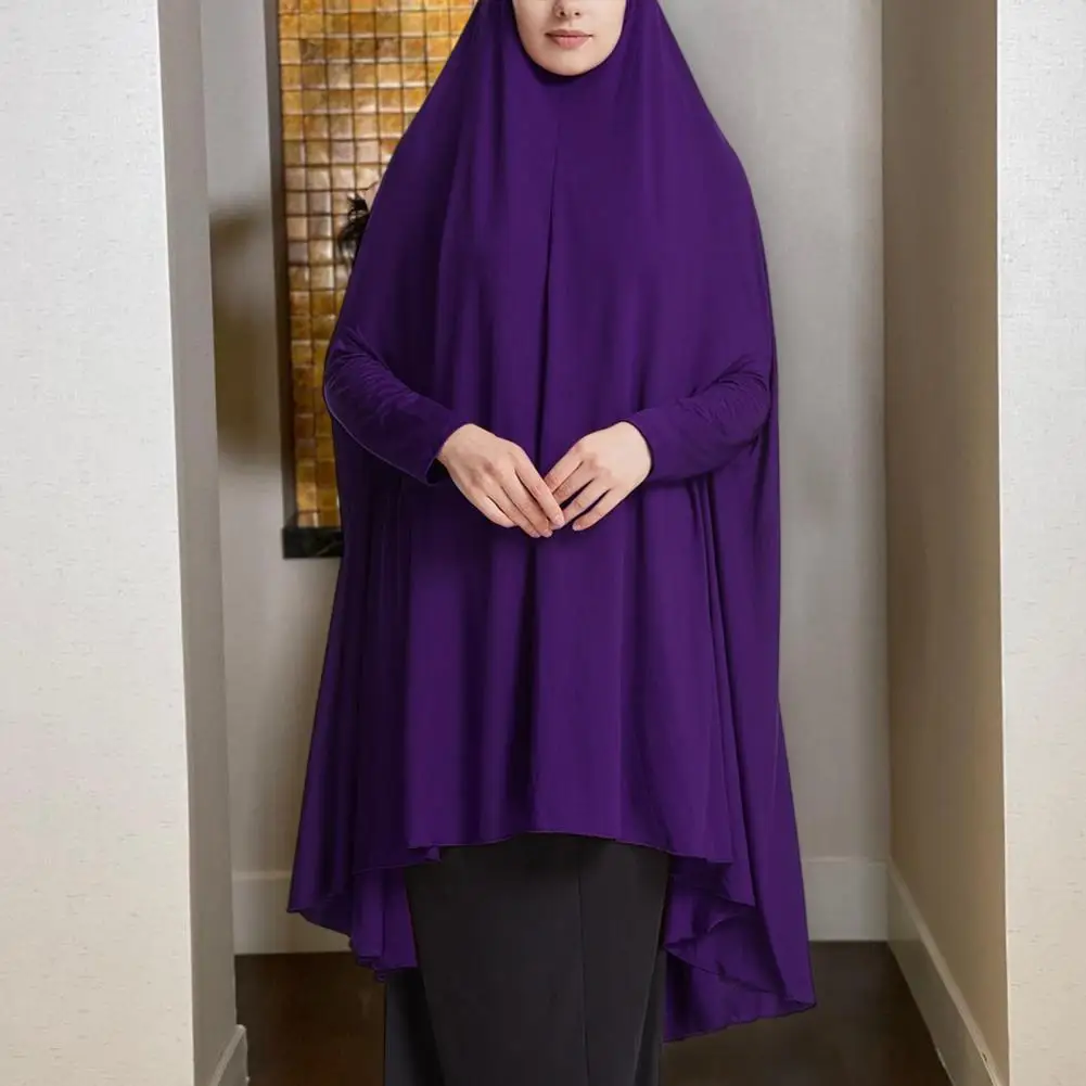 Jubah wanita klasik warna asli, jubah Retro lengan panjang Hem lipit sederhana dengan tudung