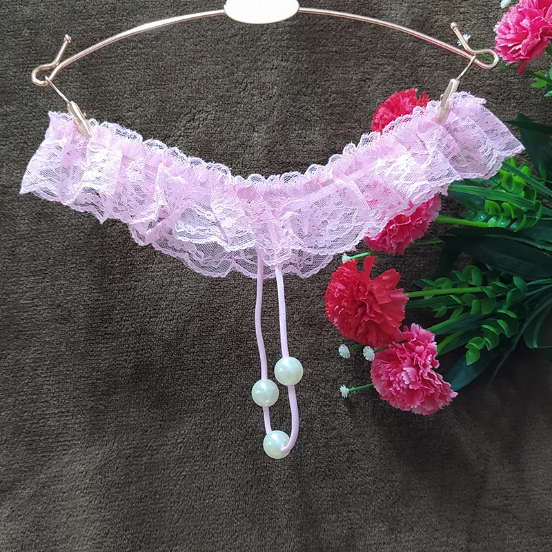 Womens Sexy Pendant Pearl G String Floral Lace Briefs Thongs Underwear Transparent Mesh Pants Open Panties Elastic Knickers