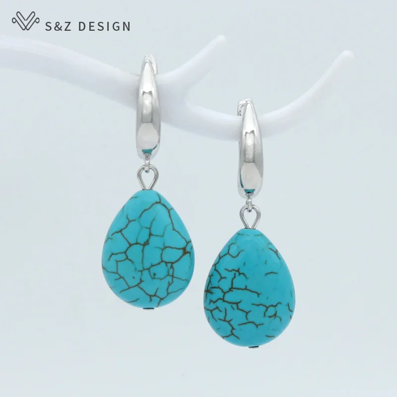 S&Z DESIGN New Rose Gold Color Water Drop Synthetic Turquoises Dangle Earrings For Women Wedding Elegant Jewelry Gift