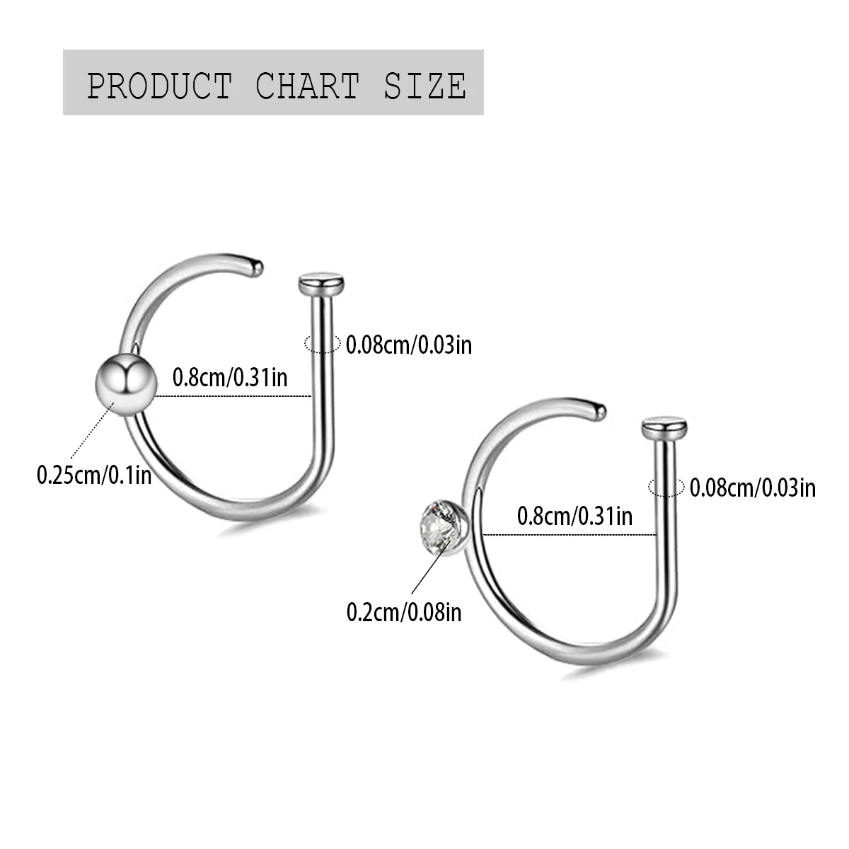 2 Pcs/Set Punk D-Shaped Stainless Steel Inset Rhinodiamond-Round Ball Fake Nose Ring Nose Clip For Women And Men On Nose Jewelry