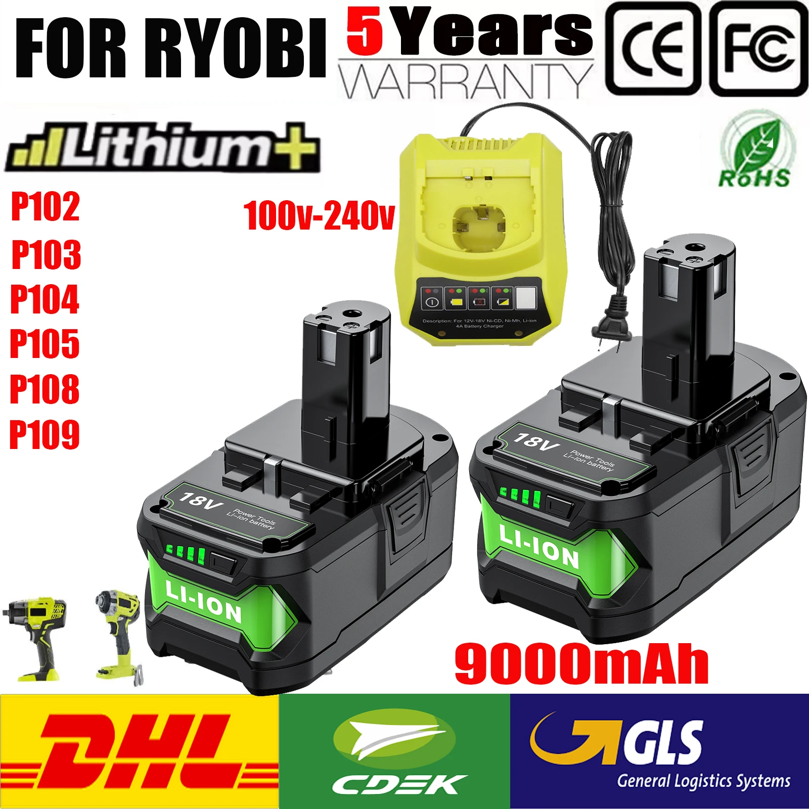 For Ryobi P108 18V 9000mAh Lithium Battery Replacement Rechargeable One+ Plus Battery Compatible P107 P105 Power Tool Battery