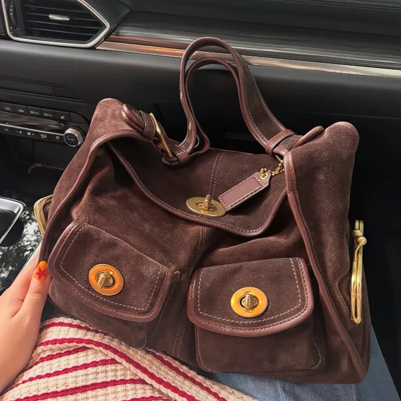

Fashion Brand Multi-pocket Women's Crossbody Bag Luxury Vintage Suede Shoulder Bag Brown Large Capacity Frosted Women's Tote Bag