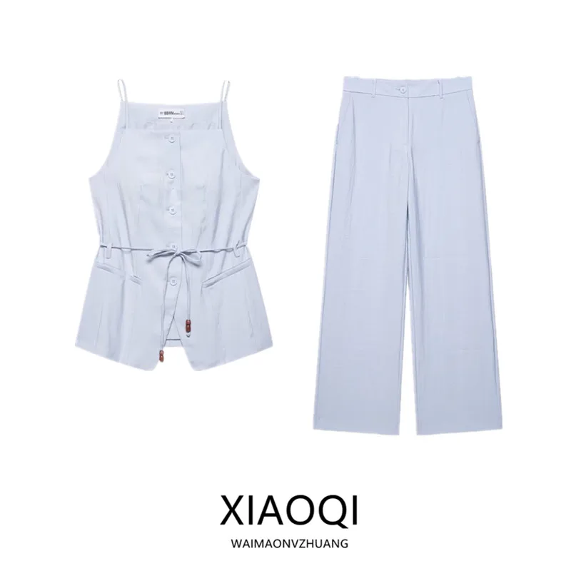 

Лето 2023, новый женский модный комплект, брюки с высокой талией, жилет с поясом из бисера, длинный топ све, жемчужное украшение, ансамбль