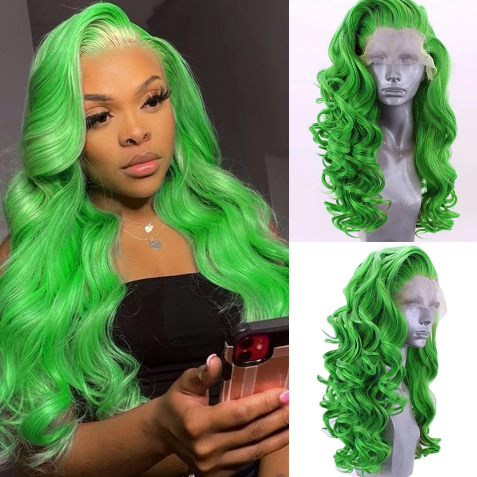 Charisma Long Deep Wave Hair Synthetic Lace Front Wig High Temperature Fiber Hair Pink Wigs For Women Free Part Green Wig