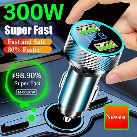 2 in 1 USB 차량용 충전기 어댑터 iPhone 용 전압 모니터가있는 300W 초고속 충전 Samsung iPad Huawei Oneplus OPPO VIVO