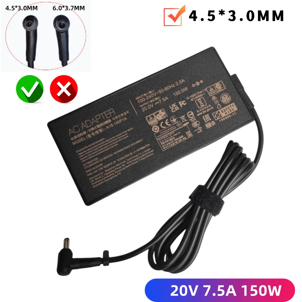 

20V 7.5A 150W 4.5*3.0mm Small Mouth Needle Tip AC Adapter Laptop Charger for Asus TUF N7600Z F571G X571L F571L VX60G Pro16 Power