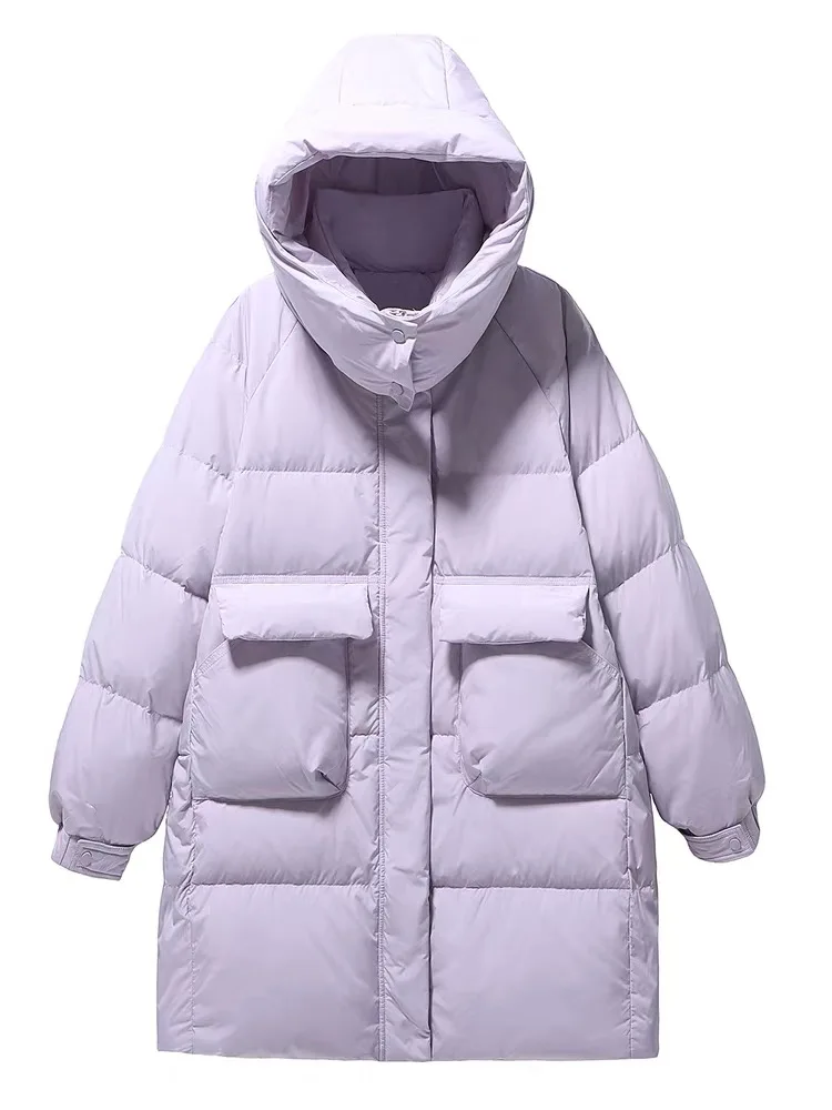 Piumino invernale di media lunghezza con cappuccio solido da donna Piumino d'anatra bianco con cerniera Tasca grande Parker Outwear Giacca allentata calda spessa femminile