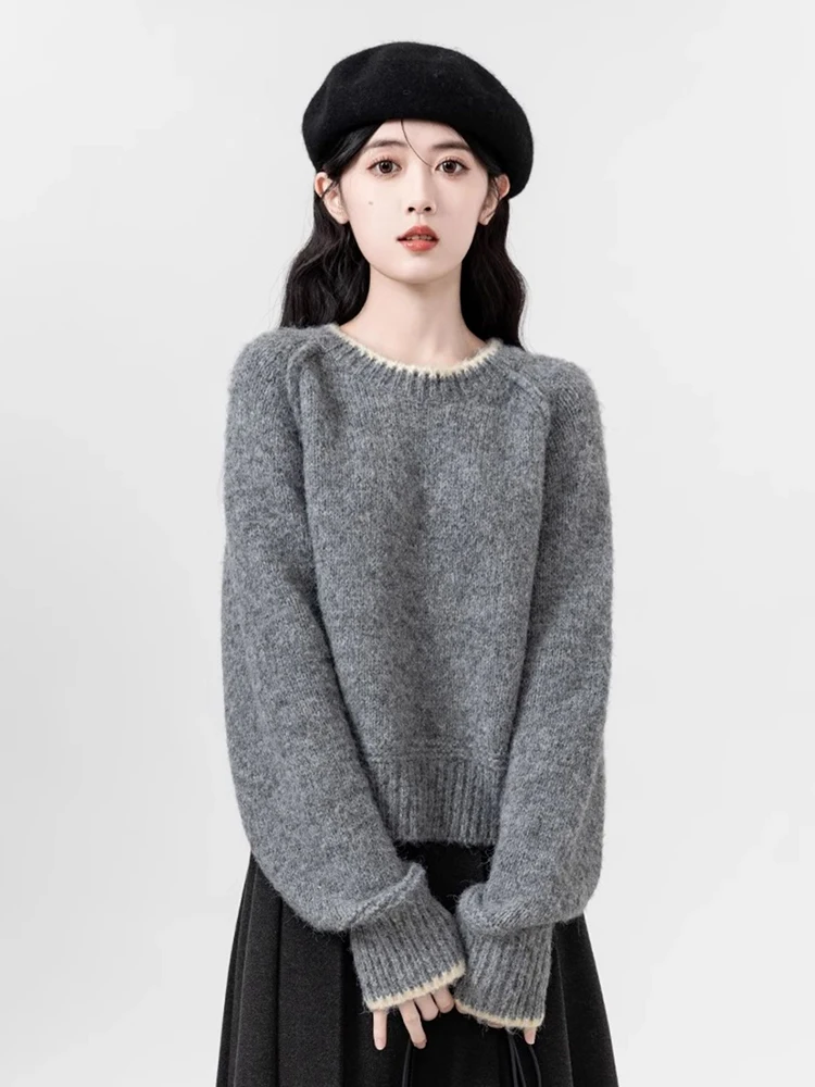 Zoki Vintage Loose Grey Sweaters Women Preppy Style Sweet Knitted Pullovers Korean Lazy Wind Long Sleeve Female O Neck Retro Top