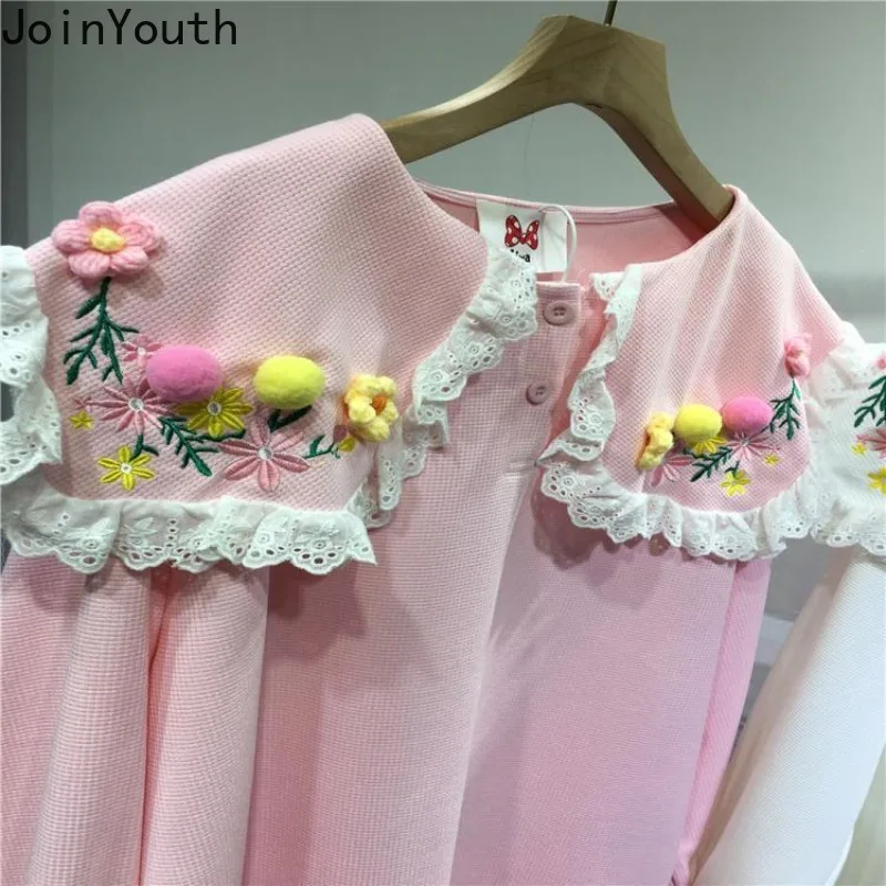 Oversized Tops Korean Sweet Blouses for Women Peter Pan Collar Long Sleeve Embroidery Floral White Shirts 2024 Camisas De Mujer