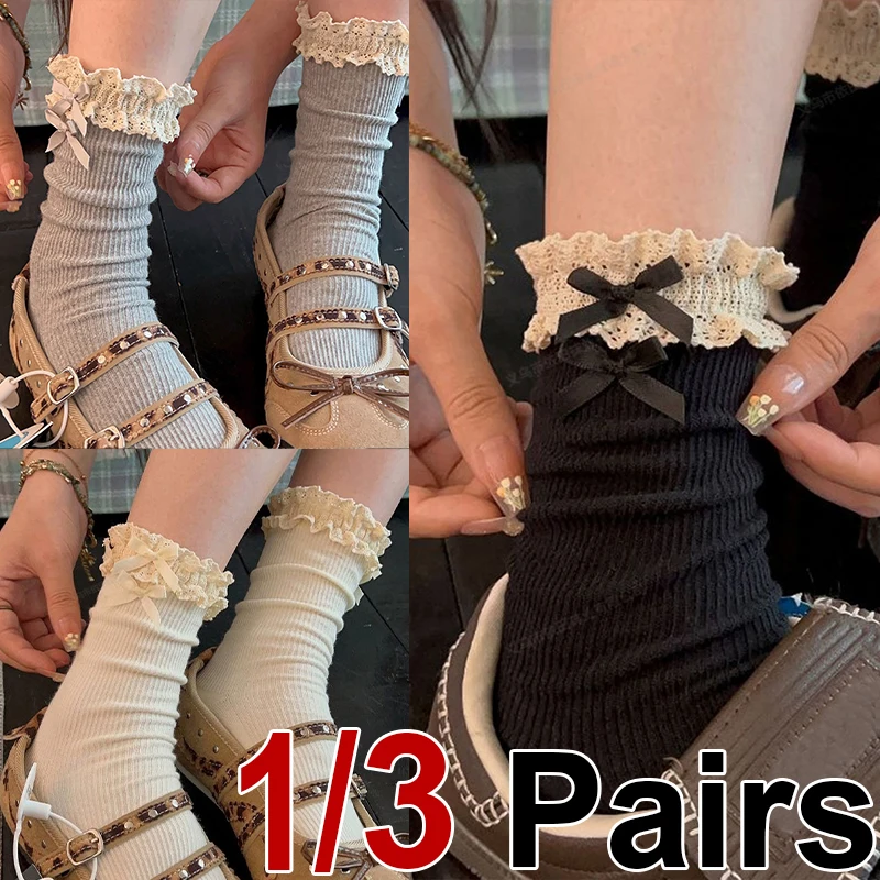 1/3 Pares de Calcetines de Encaje con Lazo para Mujer, Estilo Coreano, Dulces, de Ballet, Suaves, Cómodos, Transpirables, Casuales, para Primavera y Verano