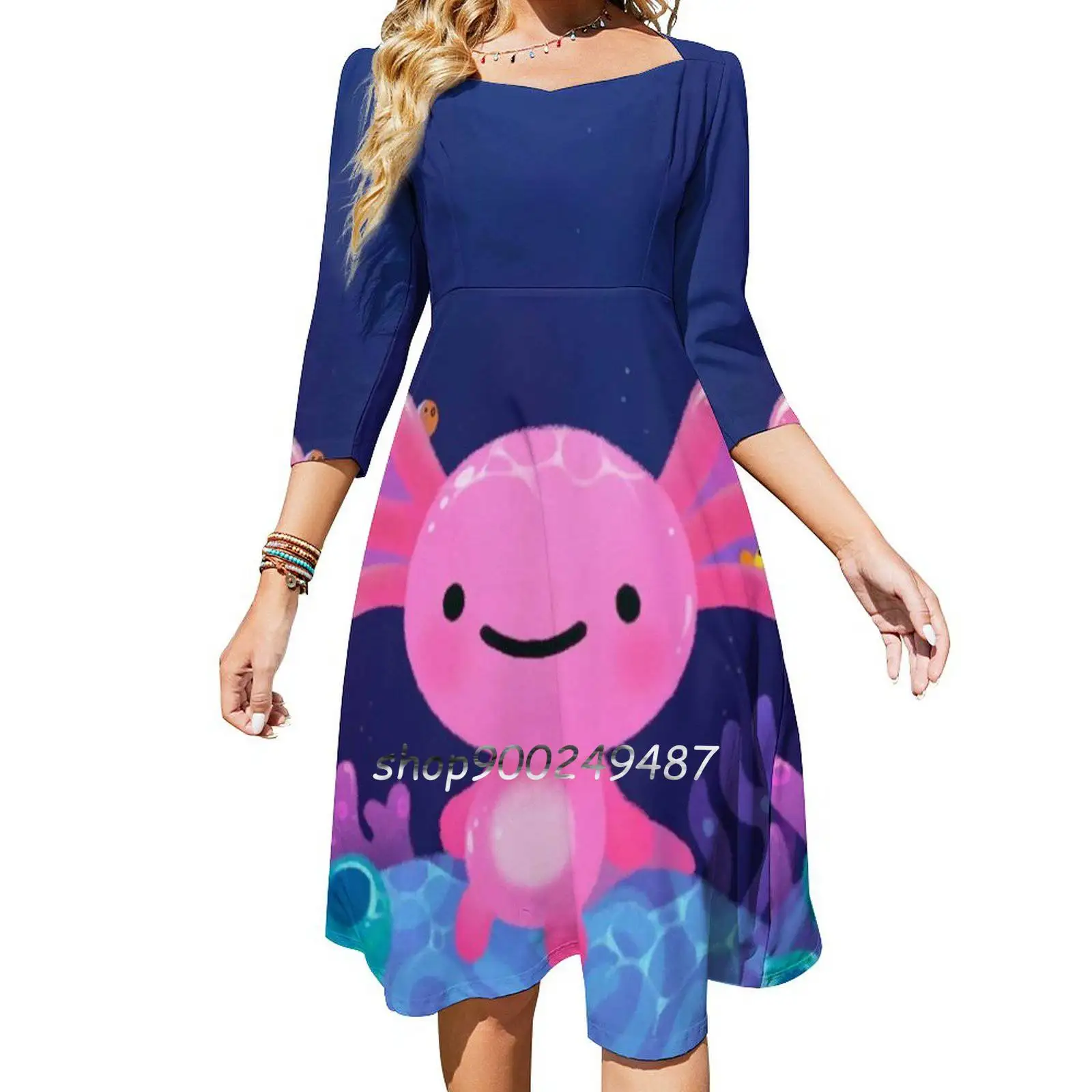 Coral Axolotl Sweet Elegant Dress Women Korean Kawaii Square Collar Dress Coral Axolotl Walking Fish Fish Pink Summer Ocean Sea