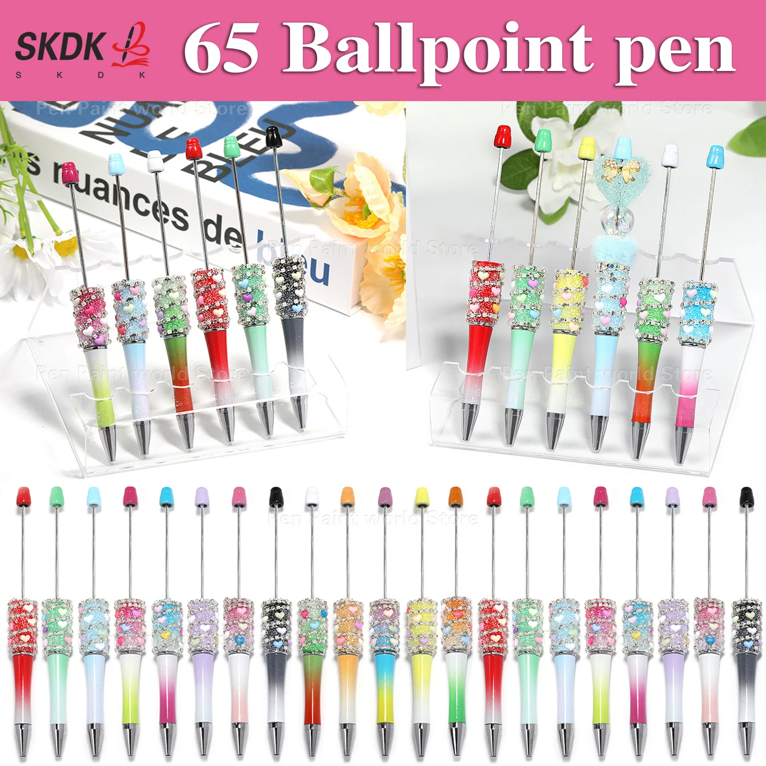 

65Pcs Heart‑Accent DIY Bead Pen – Gradient Ballpoint Pen with Rhinestone Chain for Creative Writing & Gifts