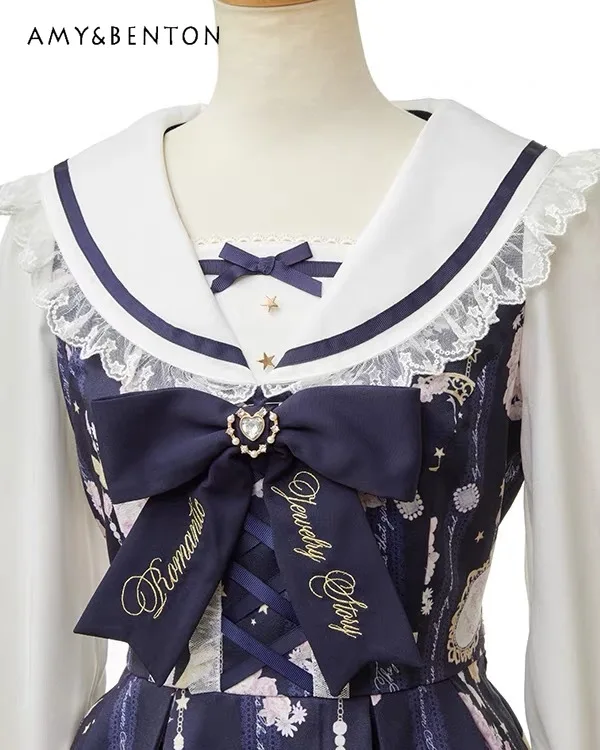 

Lisa Japanese Original Mine Series Mass-Produced Long-Sleeve Dress Sweet Girl Cartoon Print Navy Collar Slim Mini Dress Women