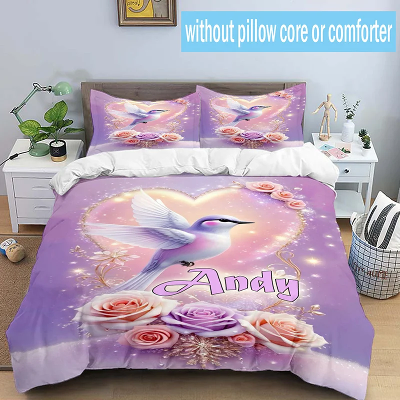 

Name Custom Bedding Set Pink Rose Bird Polyester Duvet Cover Single Twin Queen King Size for Home Decoration Birthday Gift