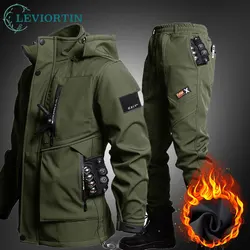 Winter Outdoor Mens Combat Sets Thicken Windproof Warm Tactical 2-pcs Fleece Multi Pocket Hooded Jacket+Cargo Pants Charge Suits